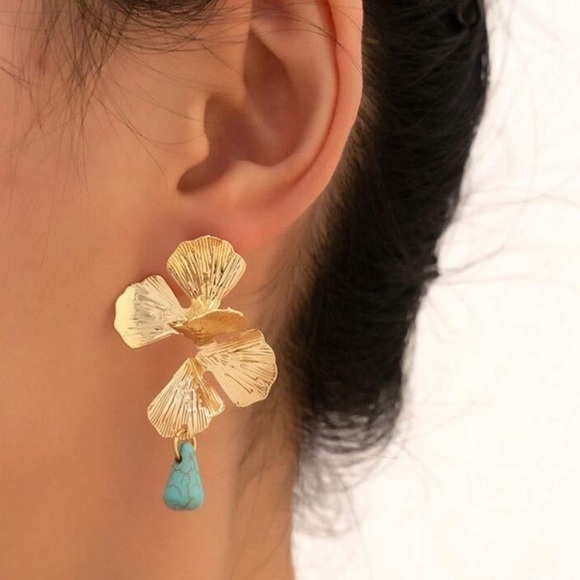 Gold Flower Turquoise Drop Stone Earrings - Picture 1 of 9